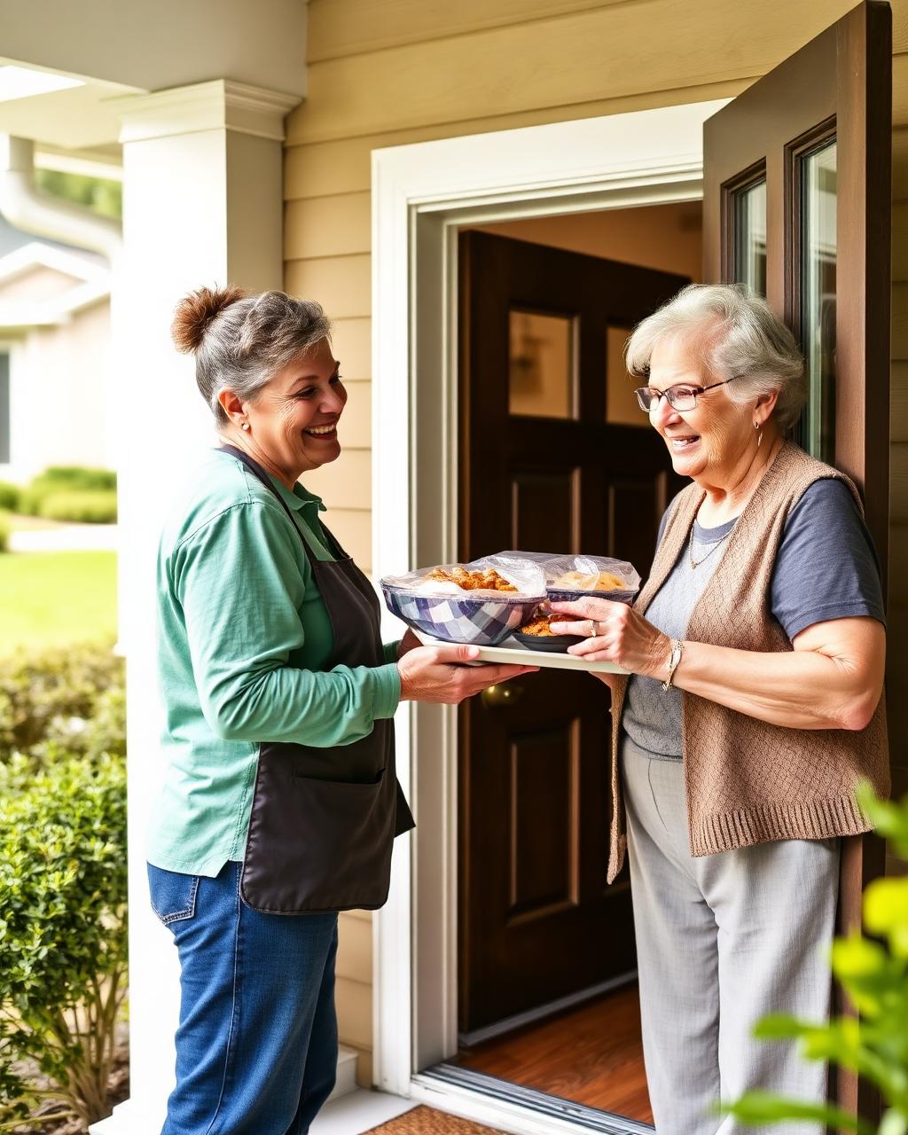 Volunteer delivering a meal to a senior at her front door